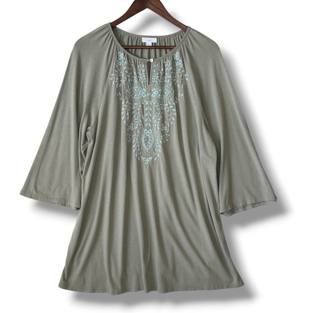 J.Jill Tunic Top L Sage Green Embroidered Floral 3/4 Sleeve Cotton Modal Blouse